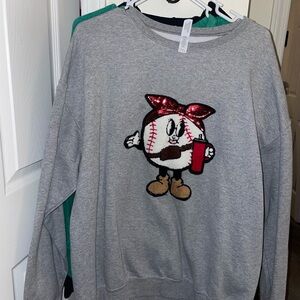 Jerzees Gray Crewneck Sweatshirt with Sequin Baseball Graphic